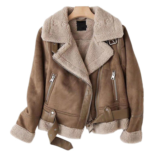 Women's with Belt loose warm Fur Faux Leather jacket Coat