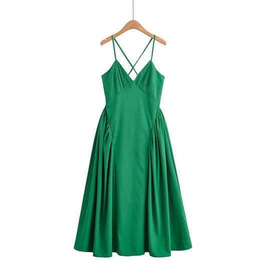 Women's new fashion vacation style draped suspender MIDI dress