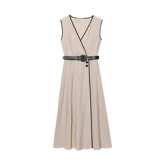 Women's new fashion With Belt Sleeveless Linen Blended V-neck Midi Dress