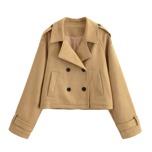 Women's new fashion lapel short double breasted Windbreaker coat