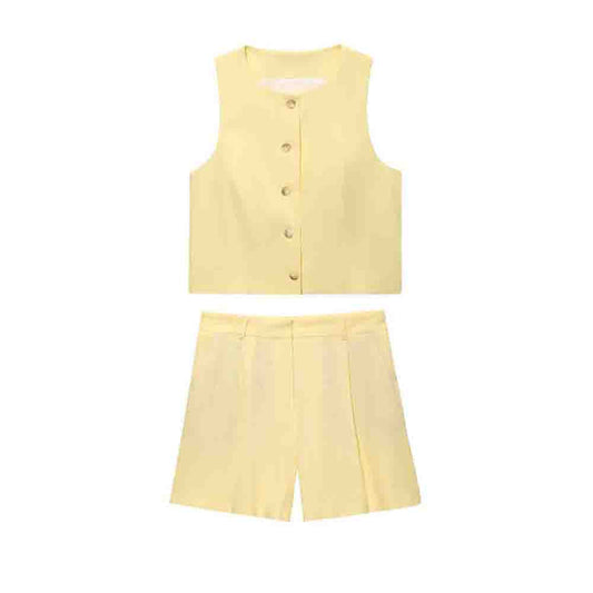 set woman 2 pieces new fashion single breasted linen blended vest+Shorts suit