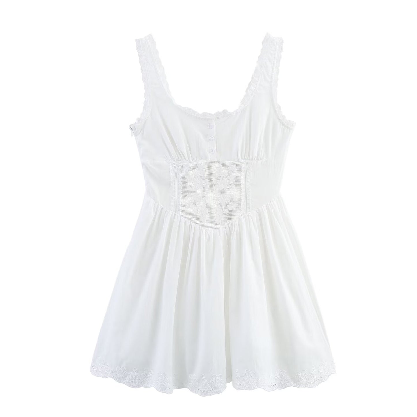Ladies' New Fashion Embroidered Lace Decoration Slim Wide Shoulder Strap Mini Dress