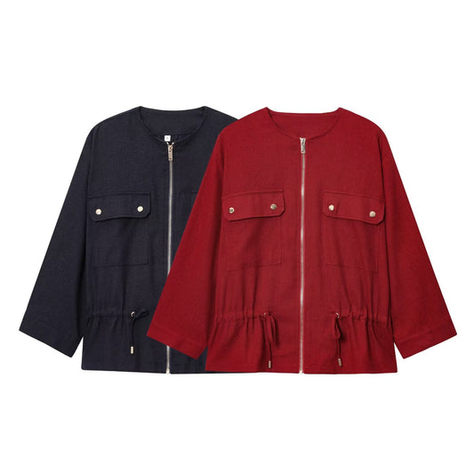 Women's 2025 new fashion linen blend long sleeved zipper jacket coat