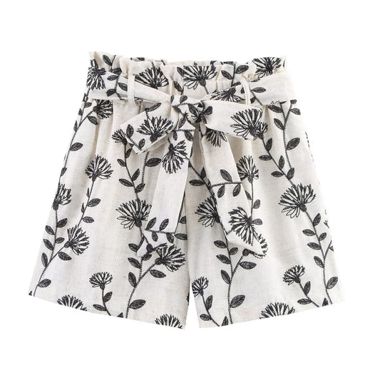 Women's New Fashion With Belt Embroidered Paper Bag Style Casual Shorts