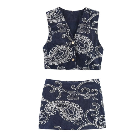 suit Women's 2 pieces New short V-neck embroidered vest style top + Shorts Skirts suit
