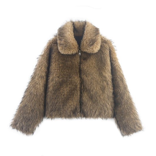 Women's new fashion short lapel Fur Faux Leather jacket Coat