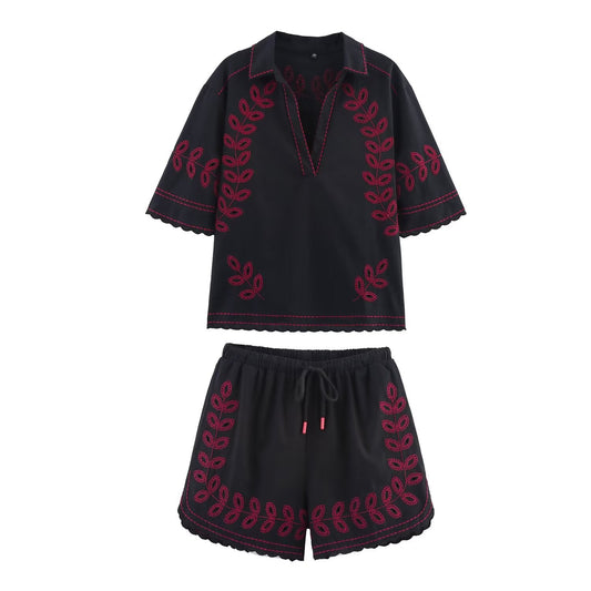 suit Women's 2 pieces new short sleeved lapel embroidered shirt+ Shorts suit