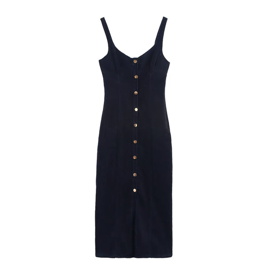 Women's New Fashion Wide Shoulder Strap Sexy Cowboy Midi Dress