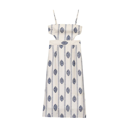Women's New Fashion Hollow Design Printed suspender Midi Dress